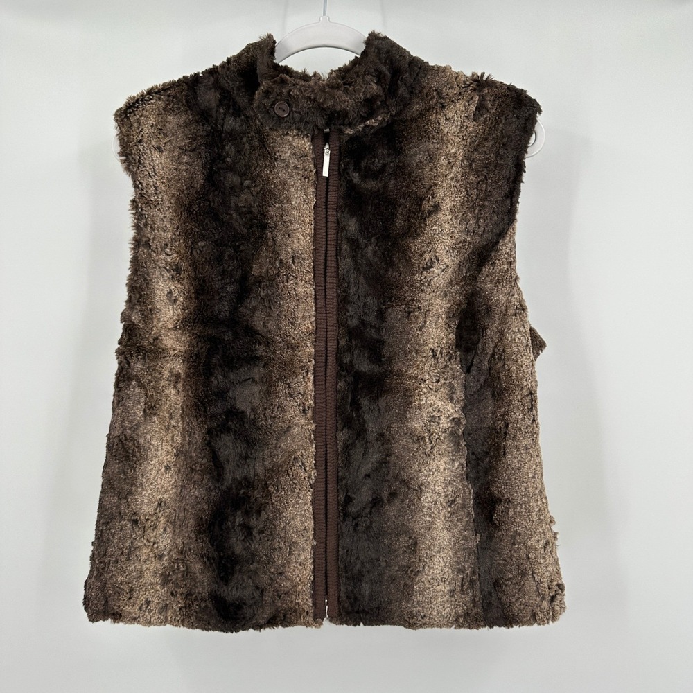 Womens Boho Chic Faux Fur Vest Size L Shaggy Earthy Festival Chocolate Brown
